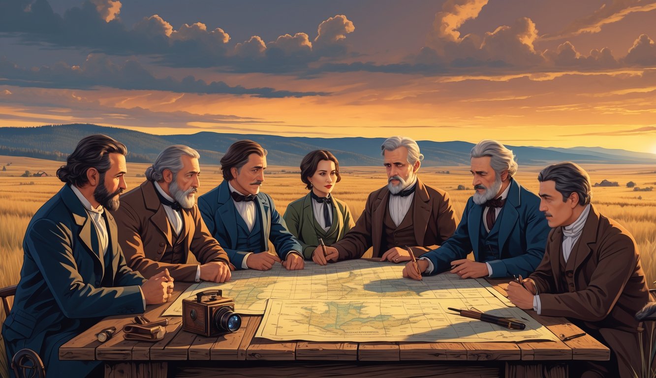 A group of people from different historical periods gathered around a table with maps and notes, set against a North Dakota landscape with plains and mountains at sunset.