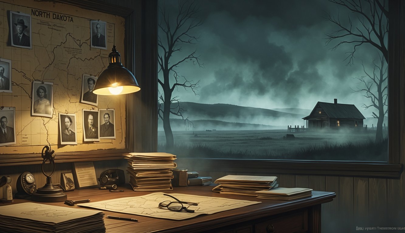 A detective's desk with old case files, photographs, and a lamp, set against a misty North Dakota landscape with an abandoned farmhouse and rolling hills.