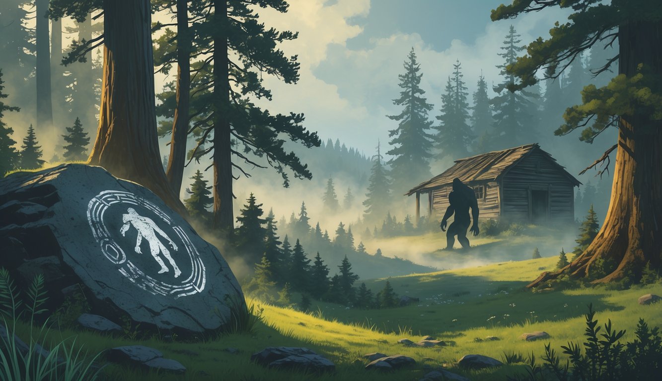 A misty Oregon forest with ancient petroglyphs on a rock, a shadowy Bigfoot figure among the trees, and an old abandoned pioneer cabin on a hill surrounded by fog.
