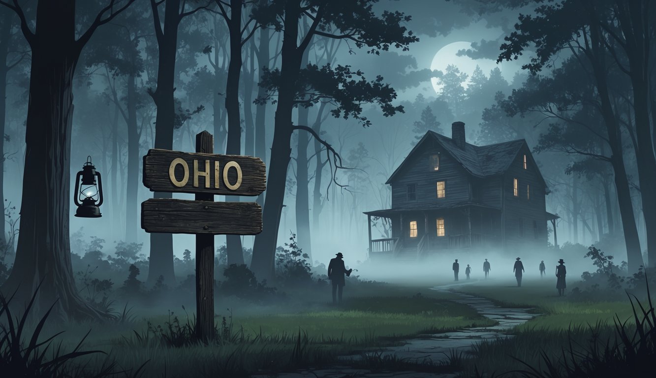 A foggy Ohio forest at twilight with tall trees, an old wooden signpost, ghostly silhouettes of missing people, and an abandoned cabin in the background.