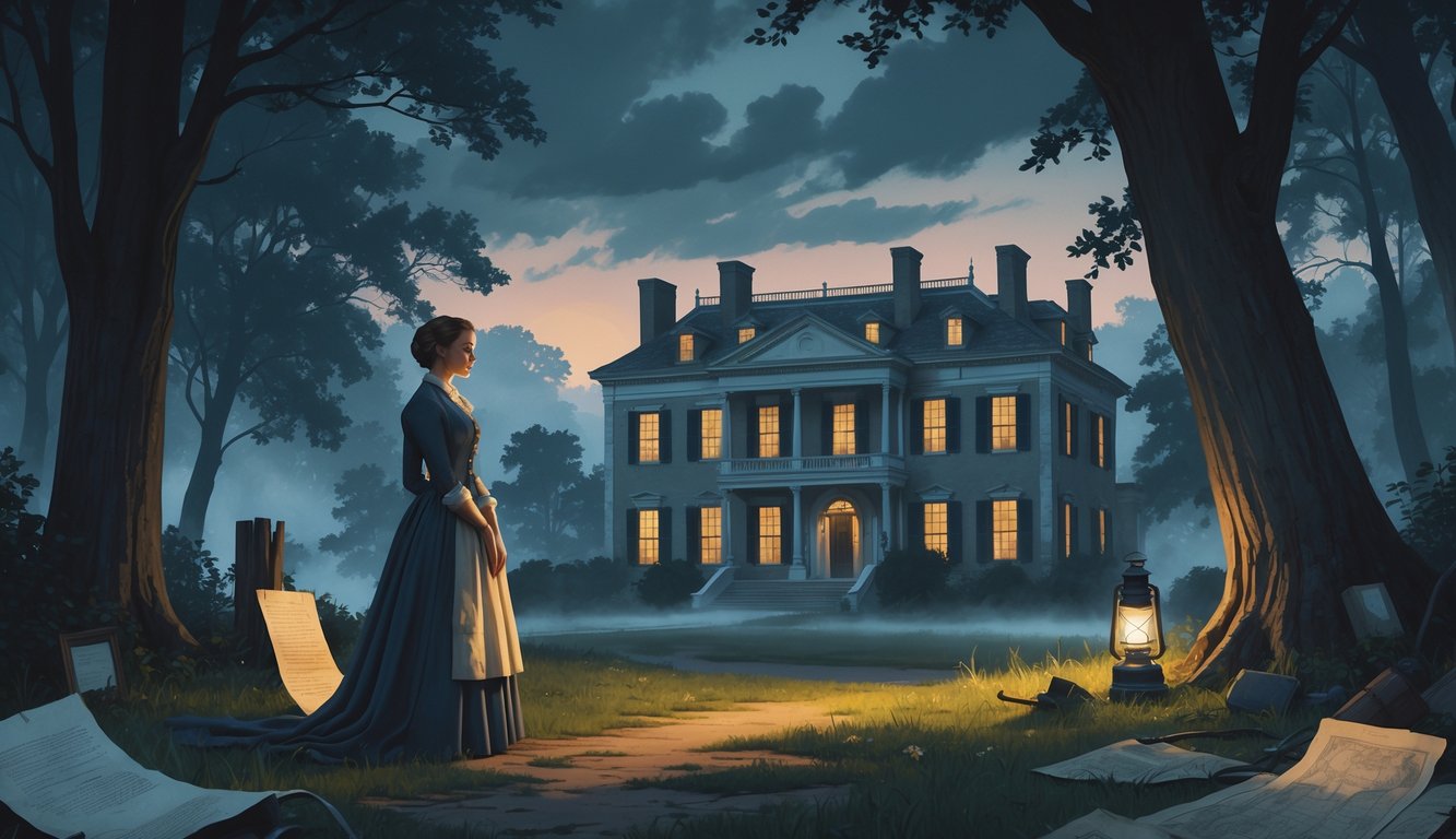 A woman in period clothing stands near an old Southern mansion surrounded by shadowy woods under a twilight sky.