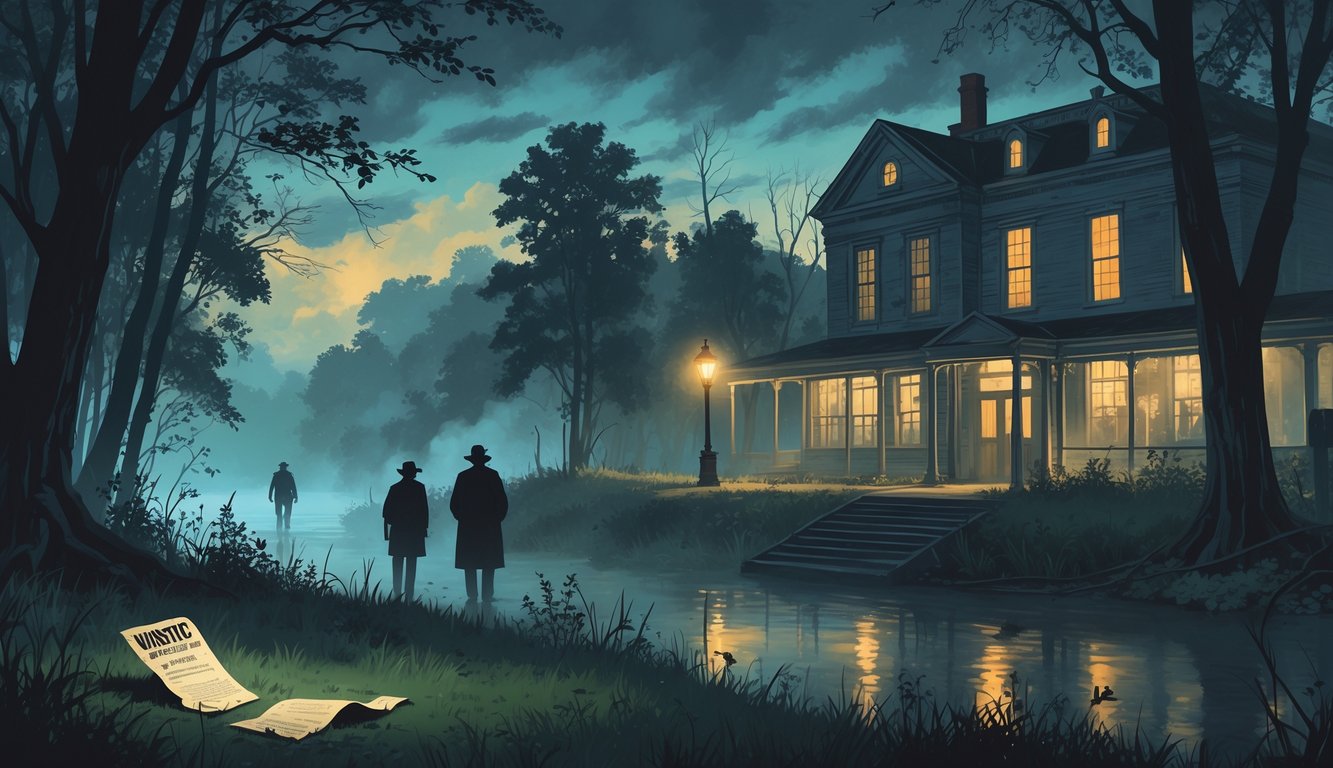 A misty forest near a riverbank at twilight with ghostly figures, an old courthouse, and an abandoned train station, suggesting historical mysteries and unexplained deaths in Ohio.