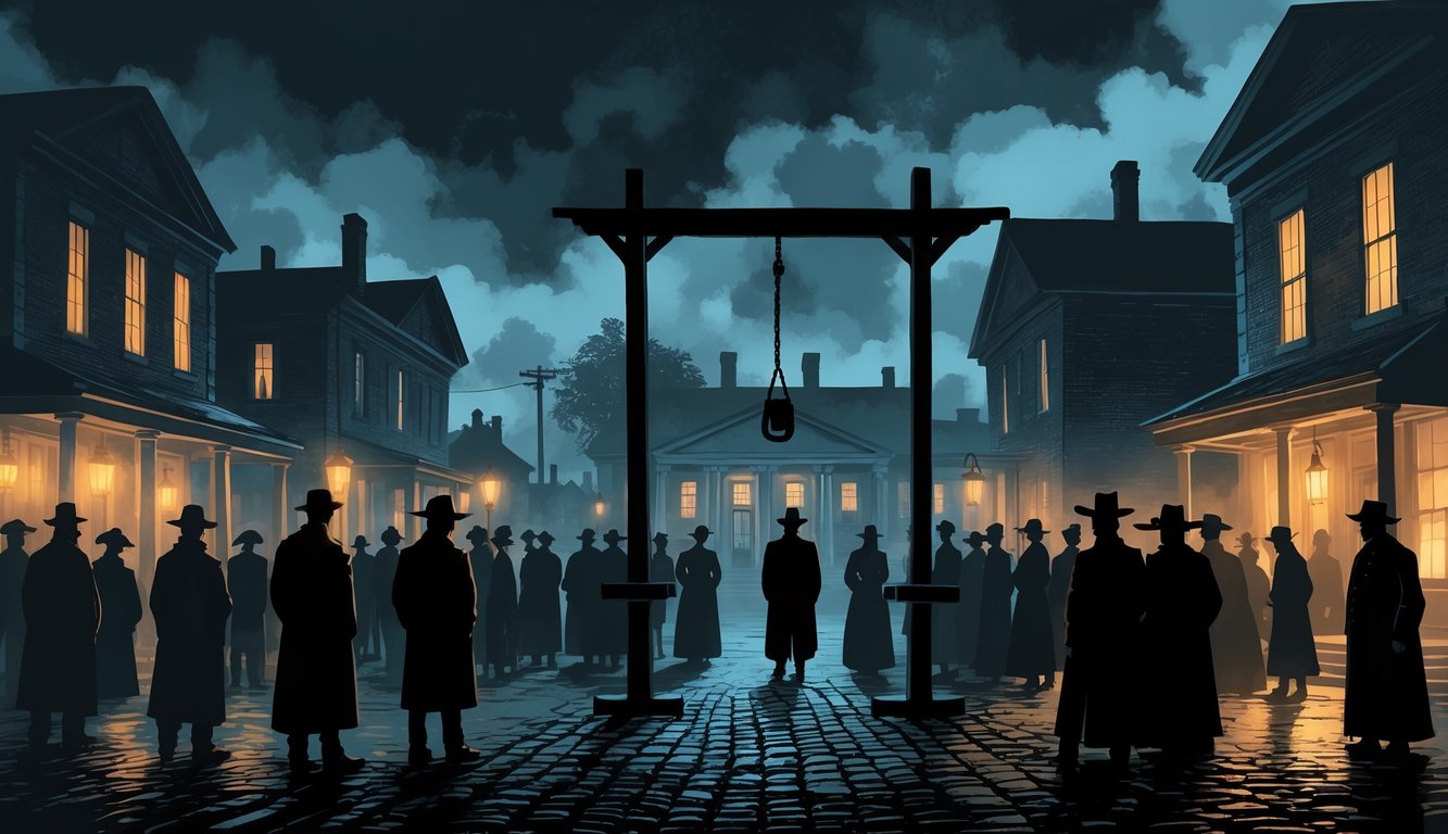 A shadowy 19th-century Ohio town at dusk with a gallows and a courthouse, surrounded by people in period clothing, creating a mysterious and tense atmosphere.