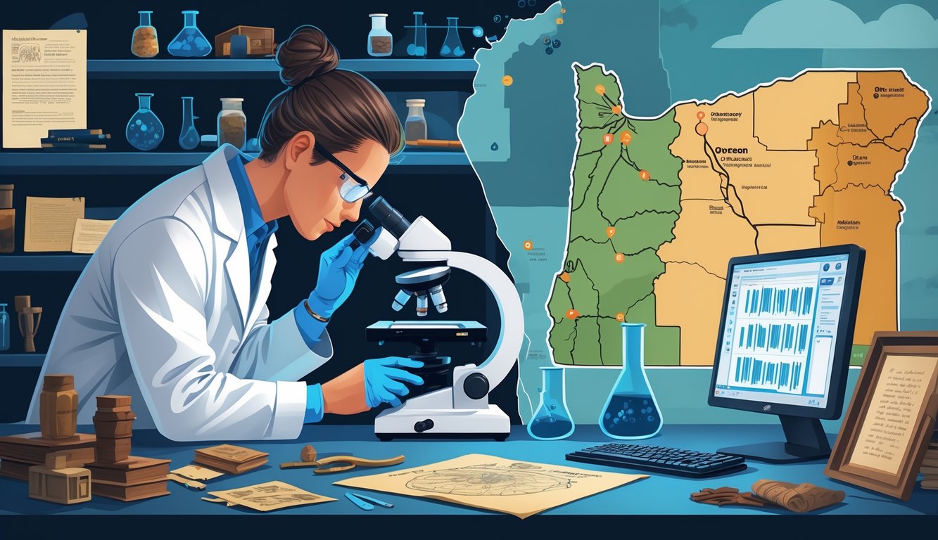 A scientist examines DNA strands in a lab with equipment and a map of Oregon showing historical mystery locations, alongside historical artifacts on a table.