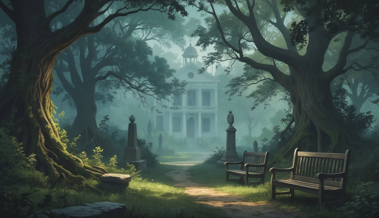 A misty, dense arboretum with tall trees, old stone markers, and colonial-era buildings partially visible through the foliage.