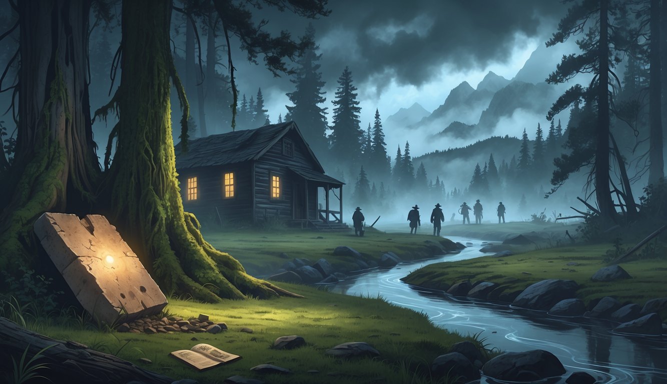 A misty forest in Oregon with ancient trees, an old pioneer cabin, Native American artifacts, and faint ghostly figures suggesting historical mysteries.