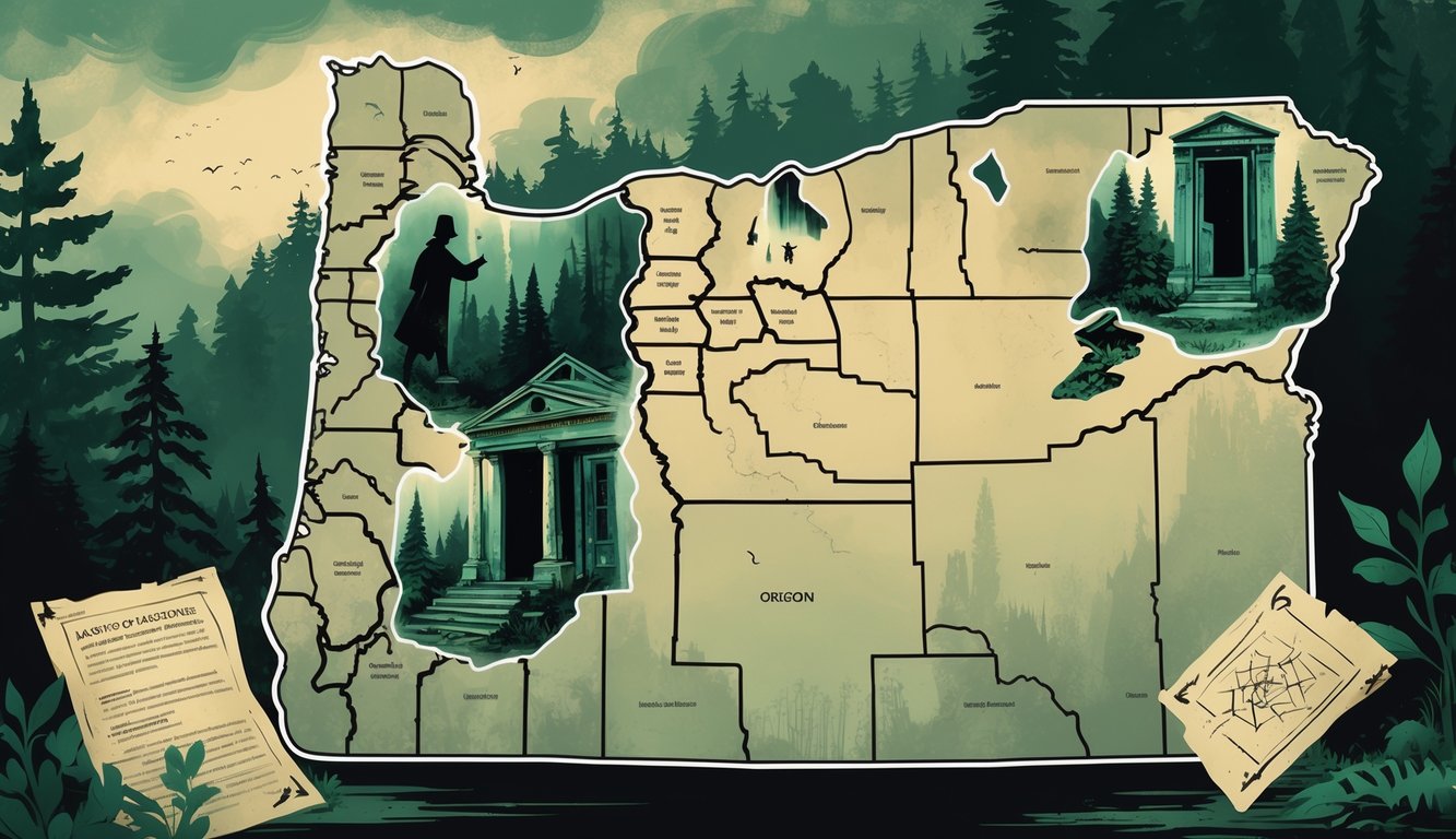 A map of Oregon's counties with illustrations of mysterious elements like a shadowy figure, an abandoned mansion, a glowing artifact, and ancient documents scattered across different areas.