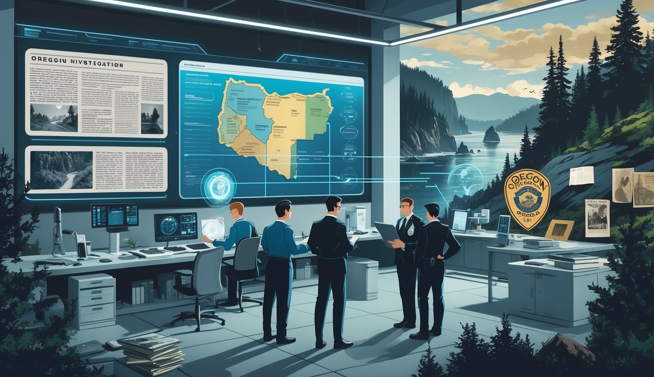 Investigators in a modern forensic lab examining digital maps and old case files with Oregon landscapes and historical mystery elements in the background.
