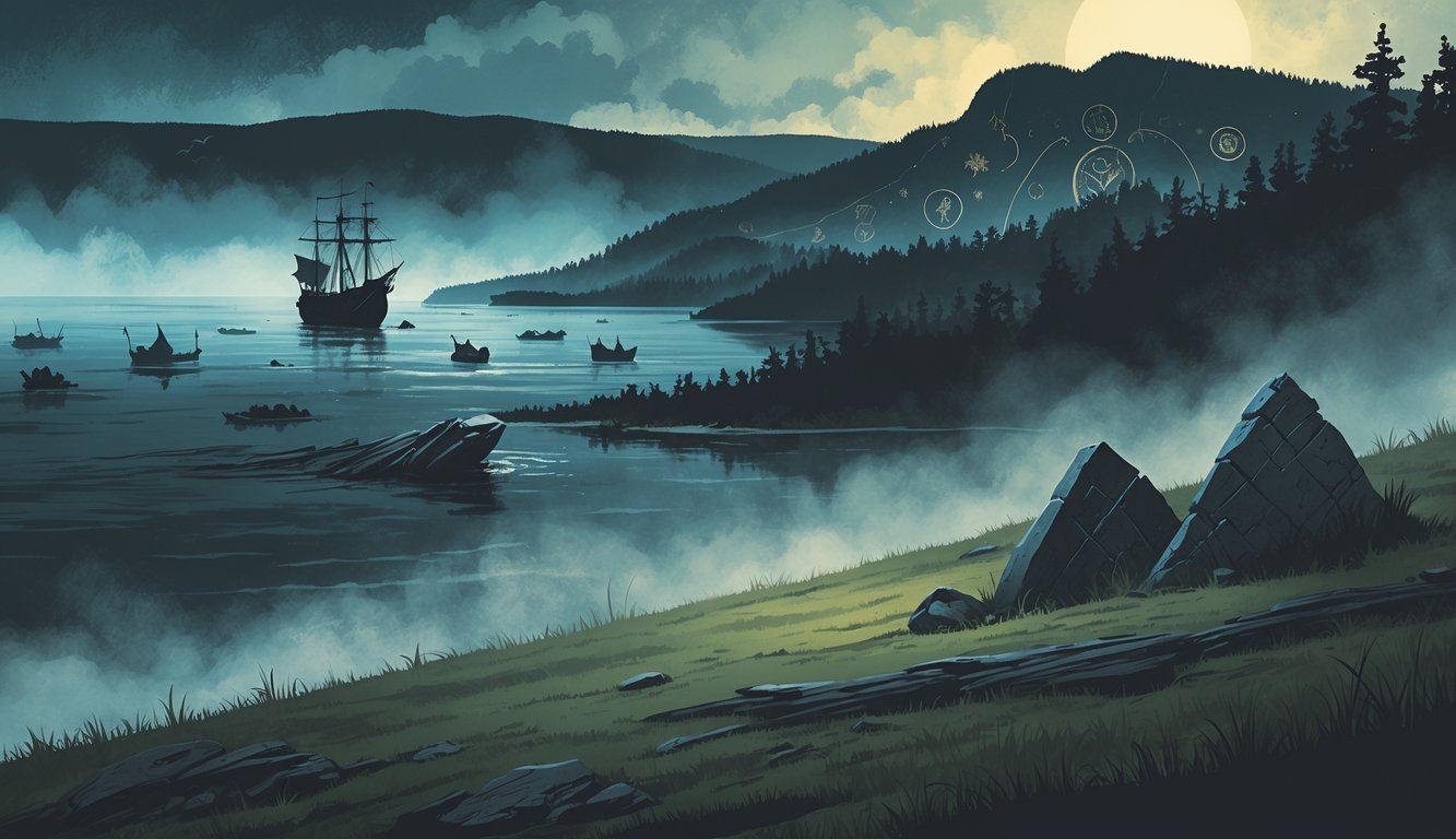 A collage showing ships trapped in icy waters, ancient artifacts in the ground, glowing lights over farmland, and foggy mountains, representing Pennsylvania's biggest historical mysteries.