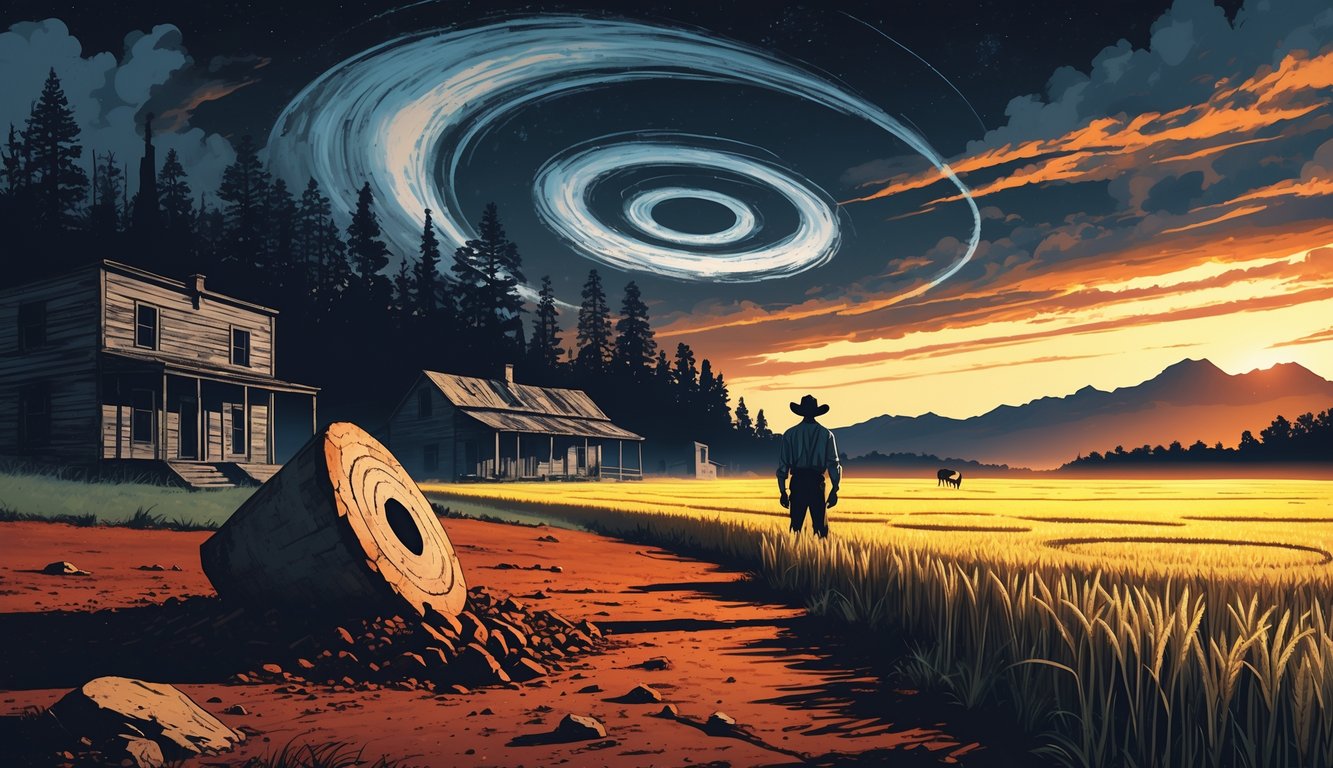 A collage showing an ancient artifact in red soil, a cowboy near an abandoned ghost town, a swirling vortex in the sky over a forest, and crop circles in a wheat field with mountains in the background.