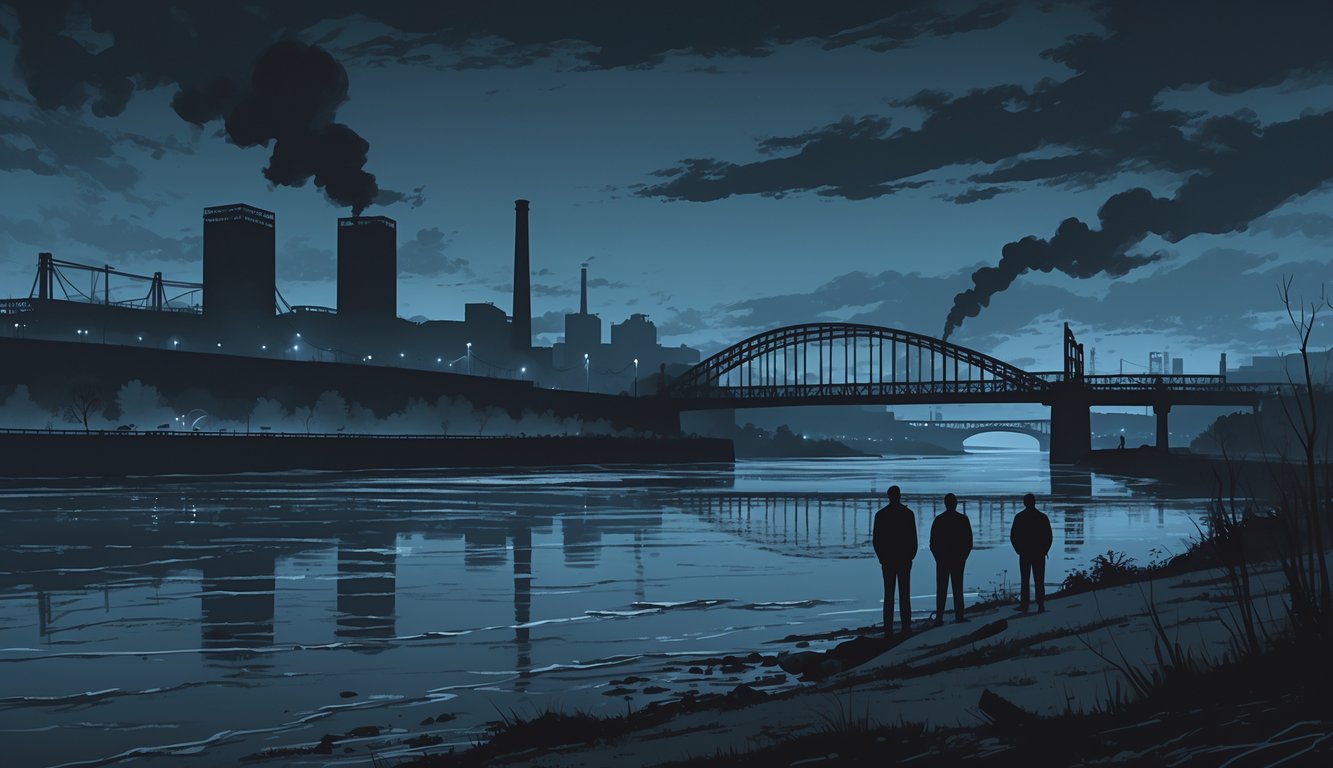 A dark river at dusk with industrial buildings and bridges in the background, and a few figures standing quietly on the riverbank looking into the water.