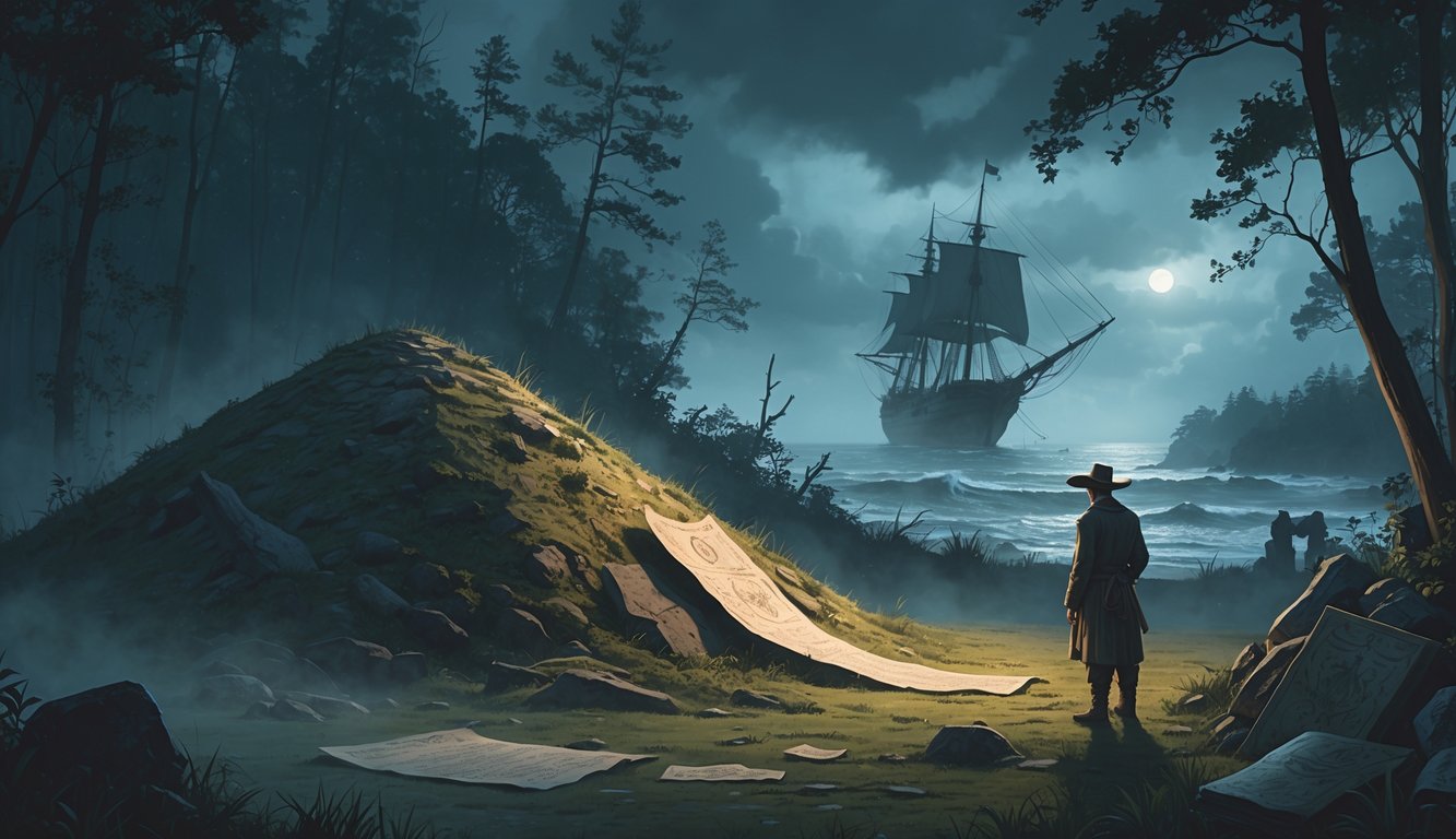 A mysterious ancient burial mound in a misty forest with a colonial figure examining an old map, a ghostly shipwreck in stormy coastal waters in the background.