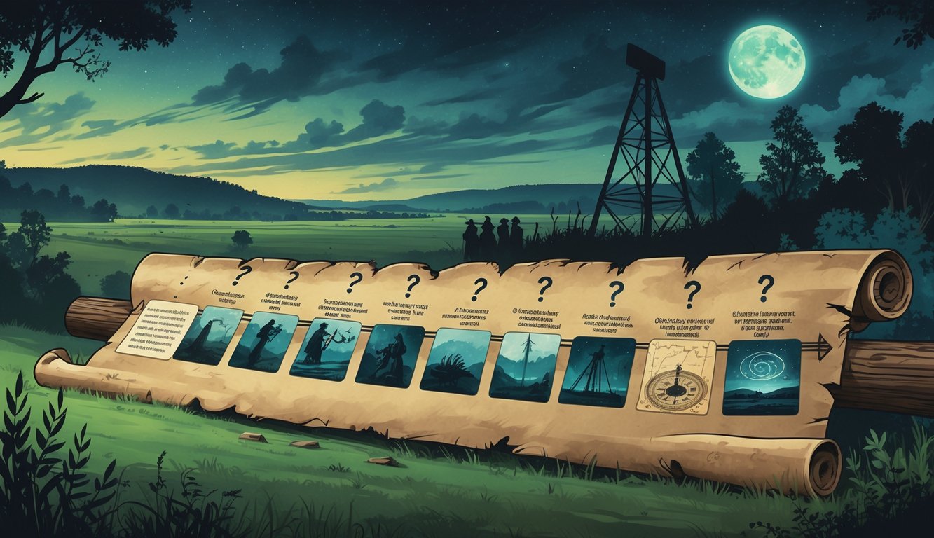 A horizontal timeline showing symbolic illustrations of Oklahoma's biggest historical mysteries, including artifacts, shadowy figures, an abandoned oil rig, a cave entrance, and an old map, set against a background of plains, forests, and twilight sky.