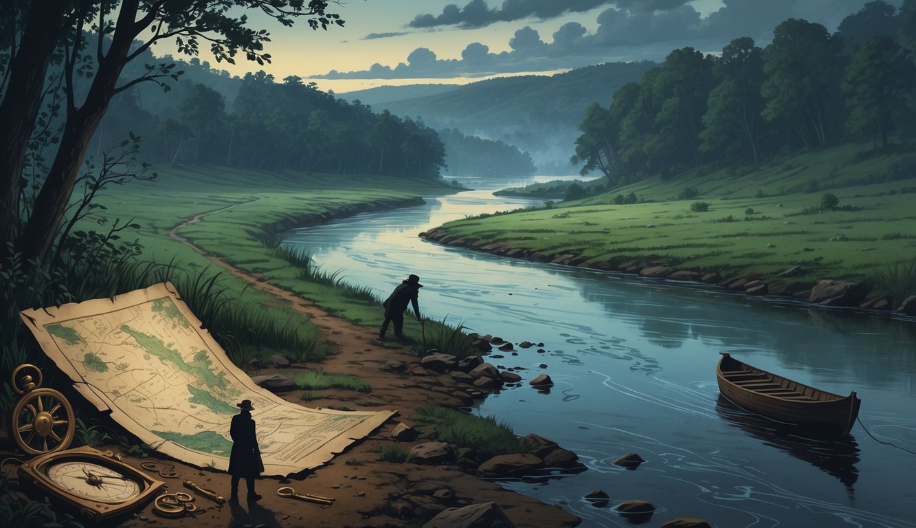 A winding river through a forested landscape with hidden historical artifacts and ghostly figures along the shore, evoking mystery.
