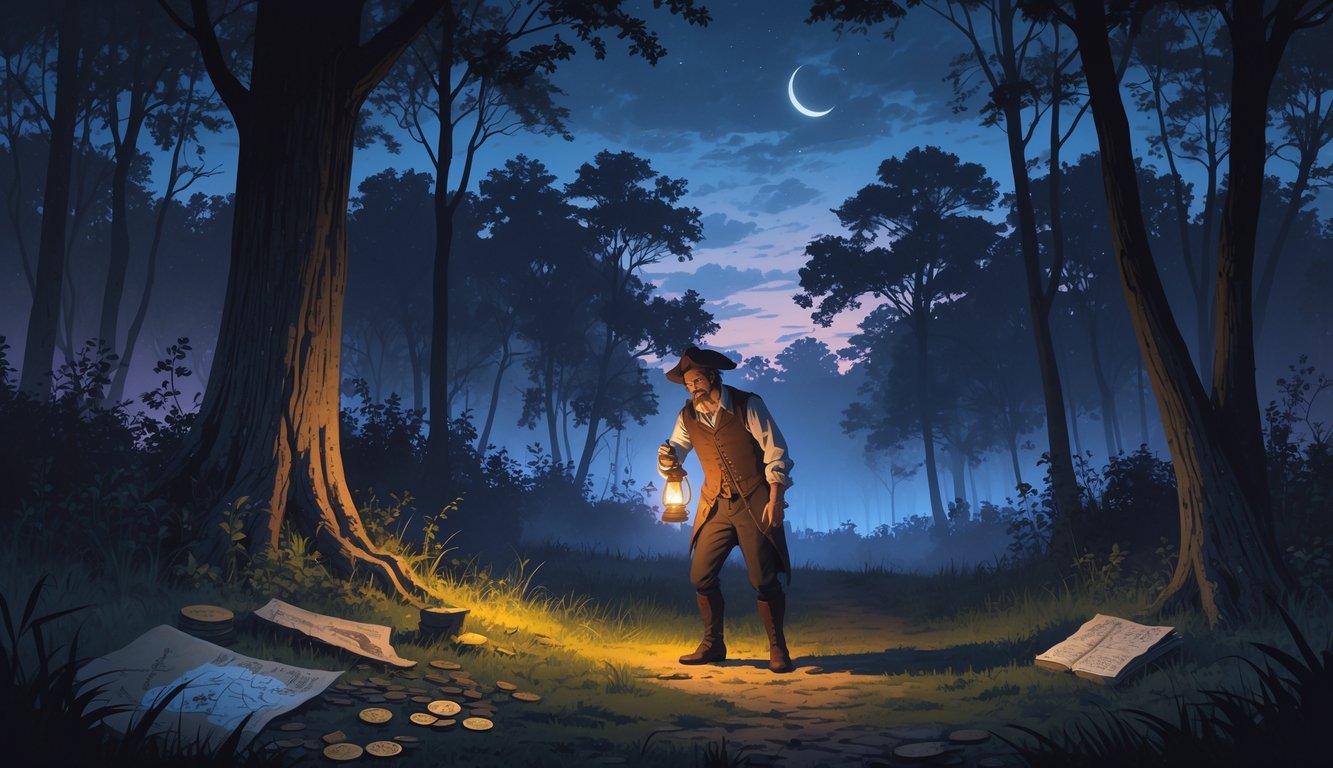 A man holding a lantern stands in a dark South Carolina forest at twilight, surrounded by old artifacts and faint colonial buildings in the background.