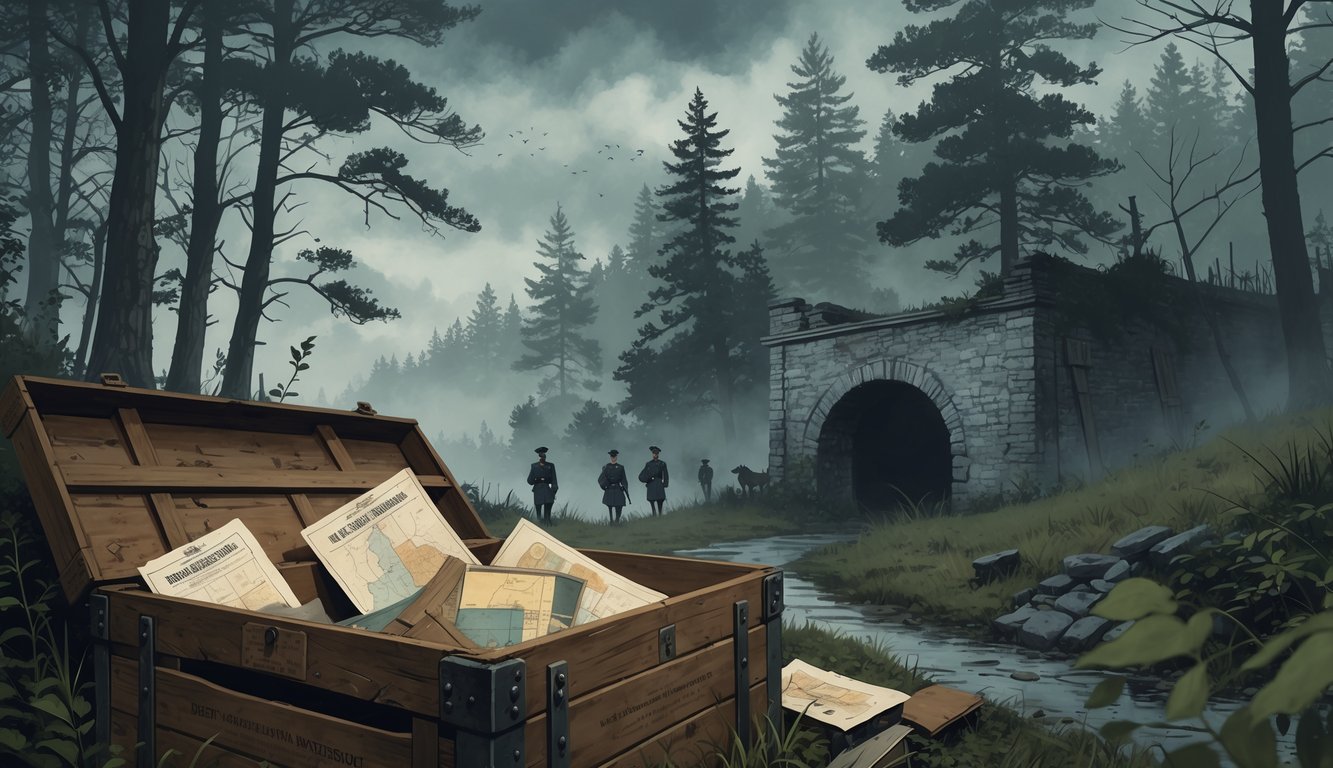 A foggy forest scene in Pennsylvania with an old wooden crate containing vintage World War I documents, an abandoned factory, a hidden tunnel entrance, and faint silhouettes of soldiers in the background.