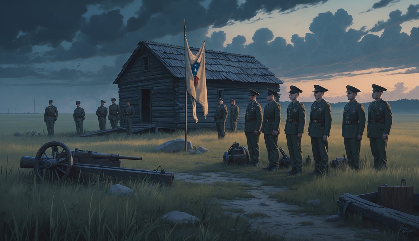 National Guard soldiers in vintage uniforms standing near an old wooden fort in Oklahoma prairie at dusk with faint ghostly shadows in the background.
