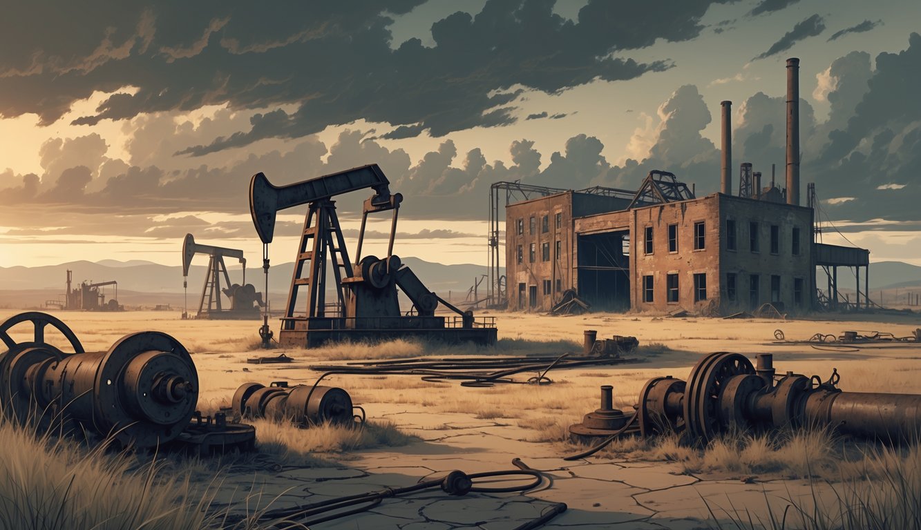 Abandoned oil rigs and a broken factory in a dry Oklahoma landscape under a cloudy sky, showing old industrial equipment and signs of decay.