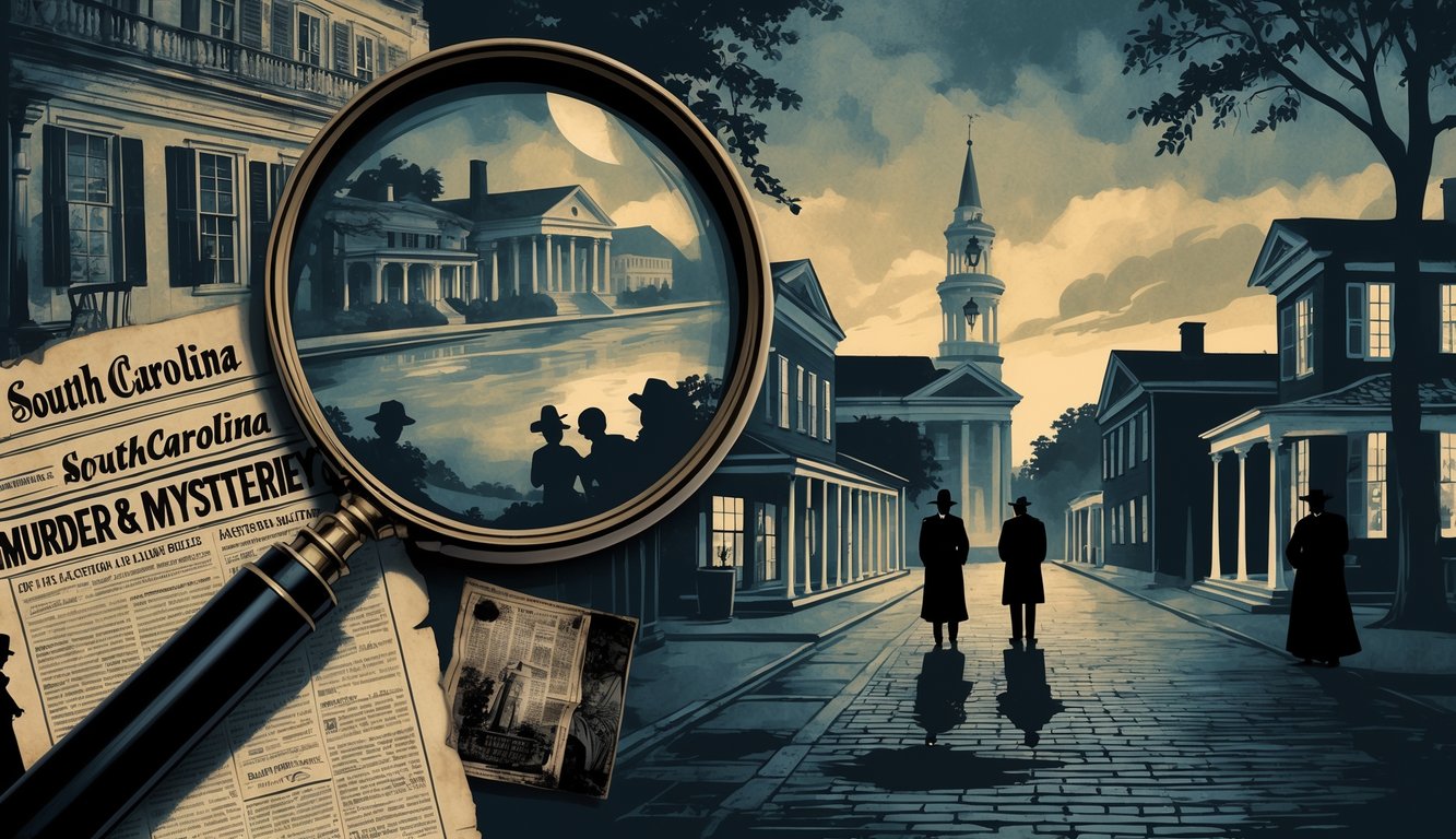 A nighttime scene of historic South Carolina streets with shadowy figures, old newspapers, and mysterious objects suggesting a historical murder investigation.