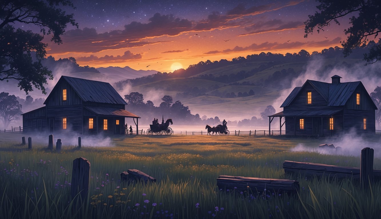 A rural Oklahoma landscape at dusk with an old barn, farmhouse, rolling hills, and forest, featuring silhouettes of historical figures and vintage vehicles surrounded by mist and stone markers.