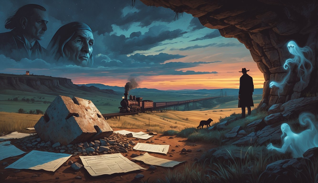 A landscape of Oklahoma showing ancient artifacts, a mysterious figure near a cave, a steam train crossing a bridge, and subtle images representing historical events and legends.
