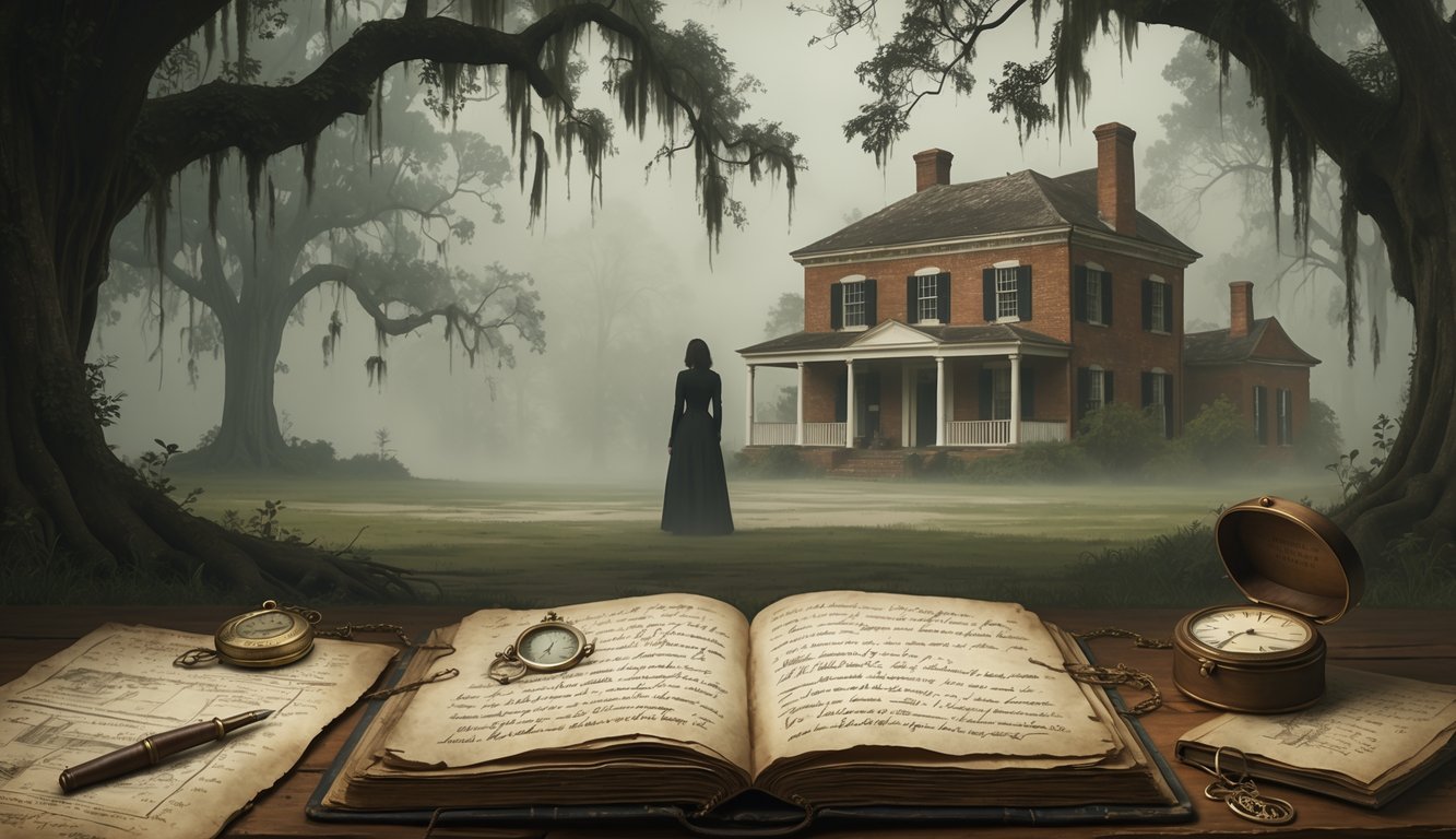 A foggy Southern landscape with ancient oak trees and a historic brick plantation house. An open old journal and an antique locket rest on a wooden table, with a shadowy woman standing nearby.
