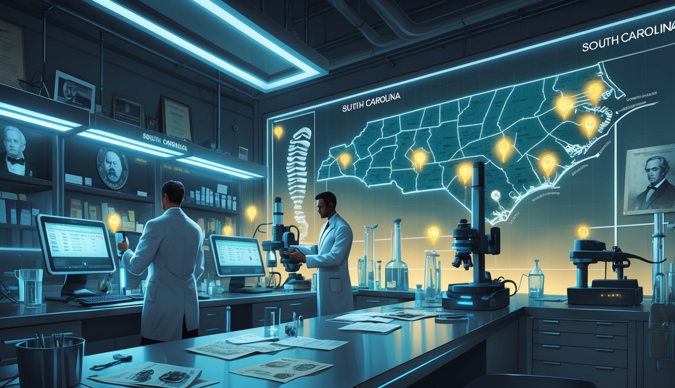 Scientists in a forensic lab using advanced technology to investigate unsolved historical cases in South Carolina, with a digital map highlighting mystery locations and historical artifacts displayed nearby.