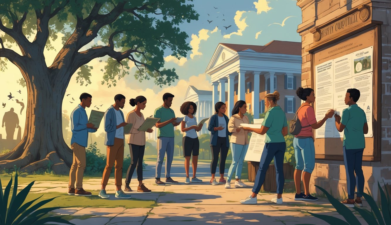 People from a South Carolina community working together outdoors near historic landmarks, examining maps and artifacts while sharing stories about local historical mysteries.