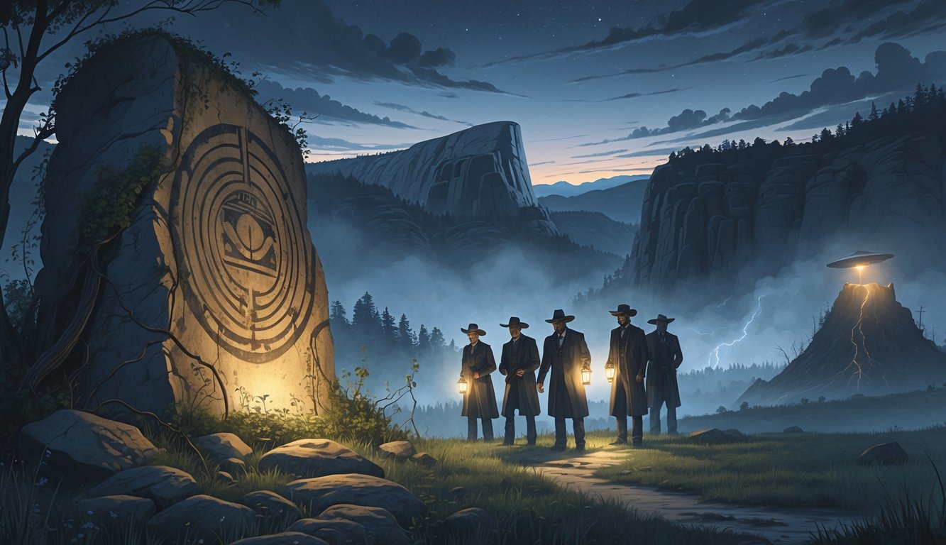 A foggy South Dakota landscape showing Mount Rushmore, ancient petroglyphs, ghostly pioneers with lanterns, an abandoned mine, and a UFO silhouette above the Black Hills.