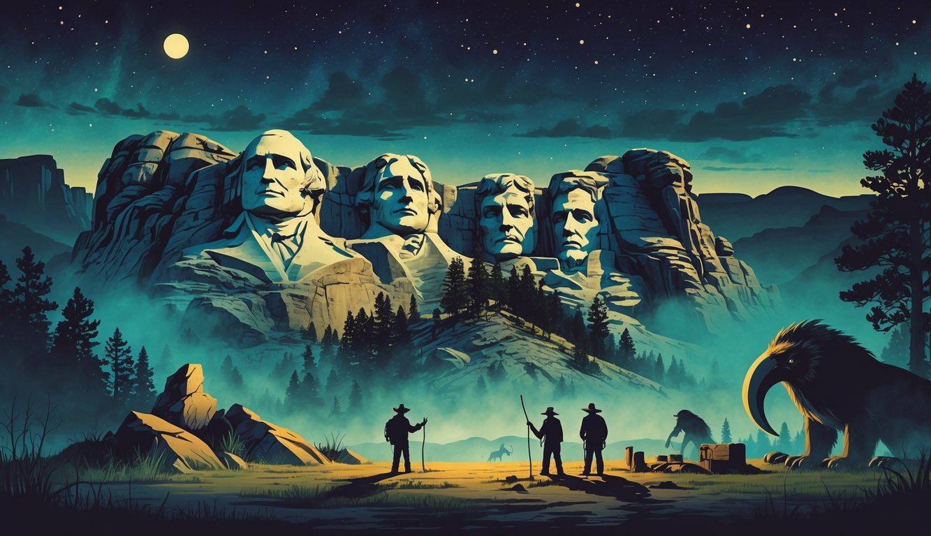 A landscape showing South Dakota landmarks with shadowy figures examining ancient petroglyphs, mining relics, and mysterious forest creatures under a twilight sky.