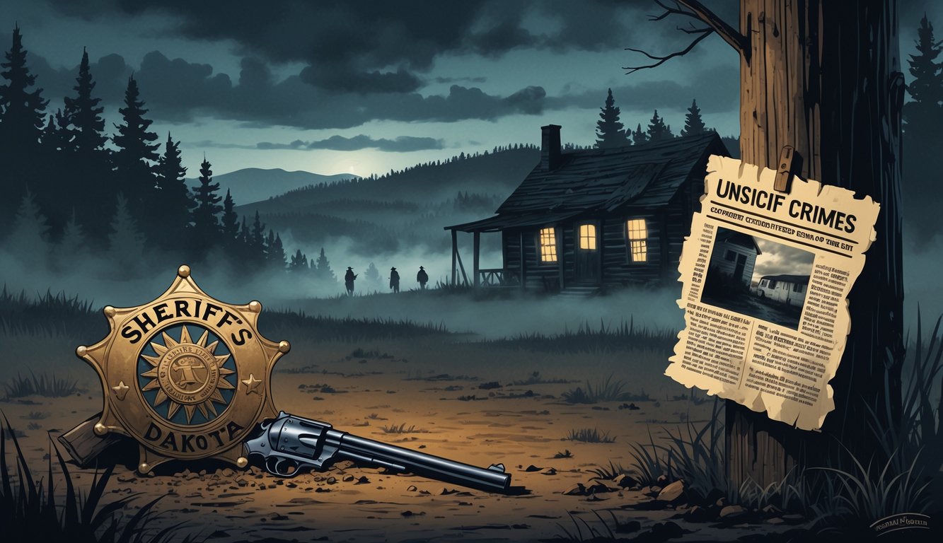 A foggy forest landscape in South Dakota at twilight with an old sheriff's badge, a rusted revolver, a torn newspaper clipping, and shadowy figures near an abandoned cabin.