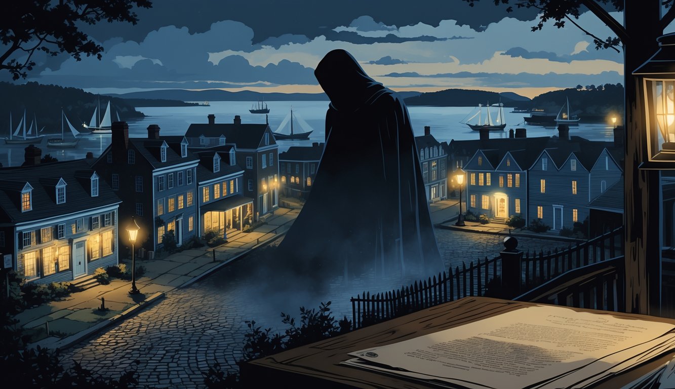 A shadowy figure looms over a historic Rhode Island town at dusk, with colonial buildings, ships in the harbor, cobblestone streets, and people whispering in alleyways.