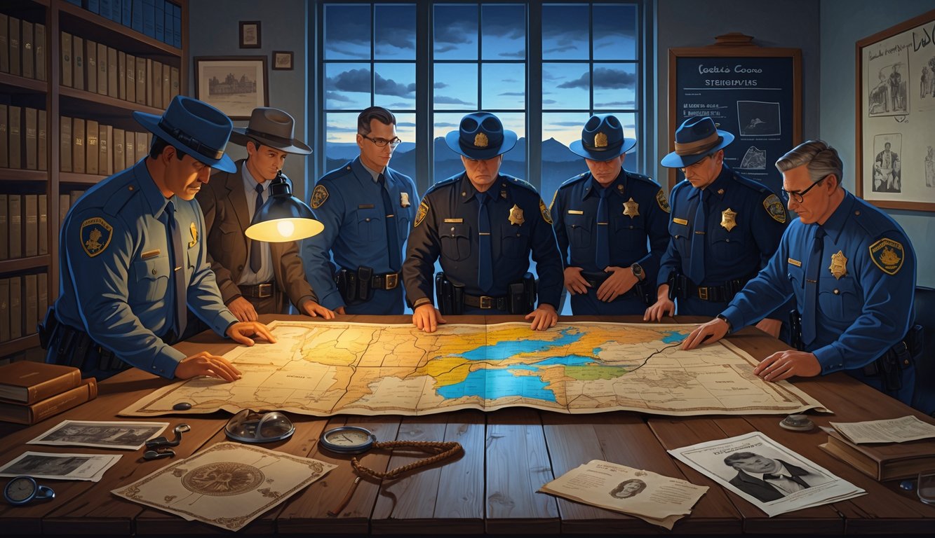 Law enforcement officers studying a map and historical artifacts in a detective office with Mount Rushmore visible outside the window.