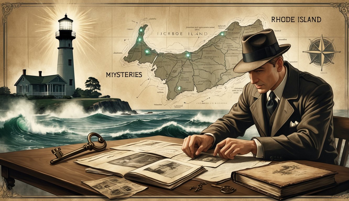 A detective examining old documents on a wooden table with a vintage map of Rhode Island in the background, surrounded by a lighthouse, an old colonial building, and a mysterious key.