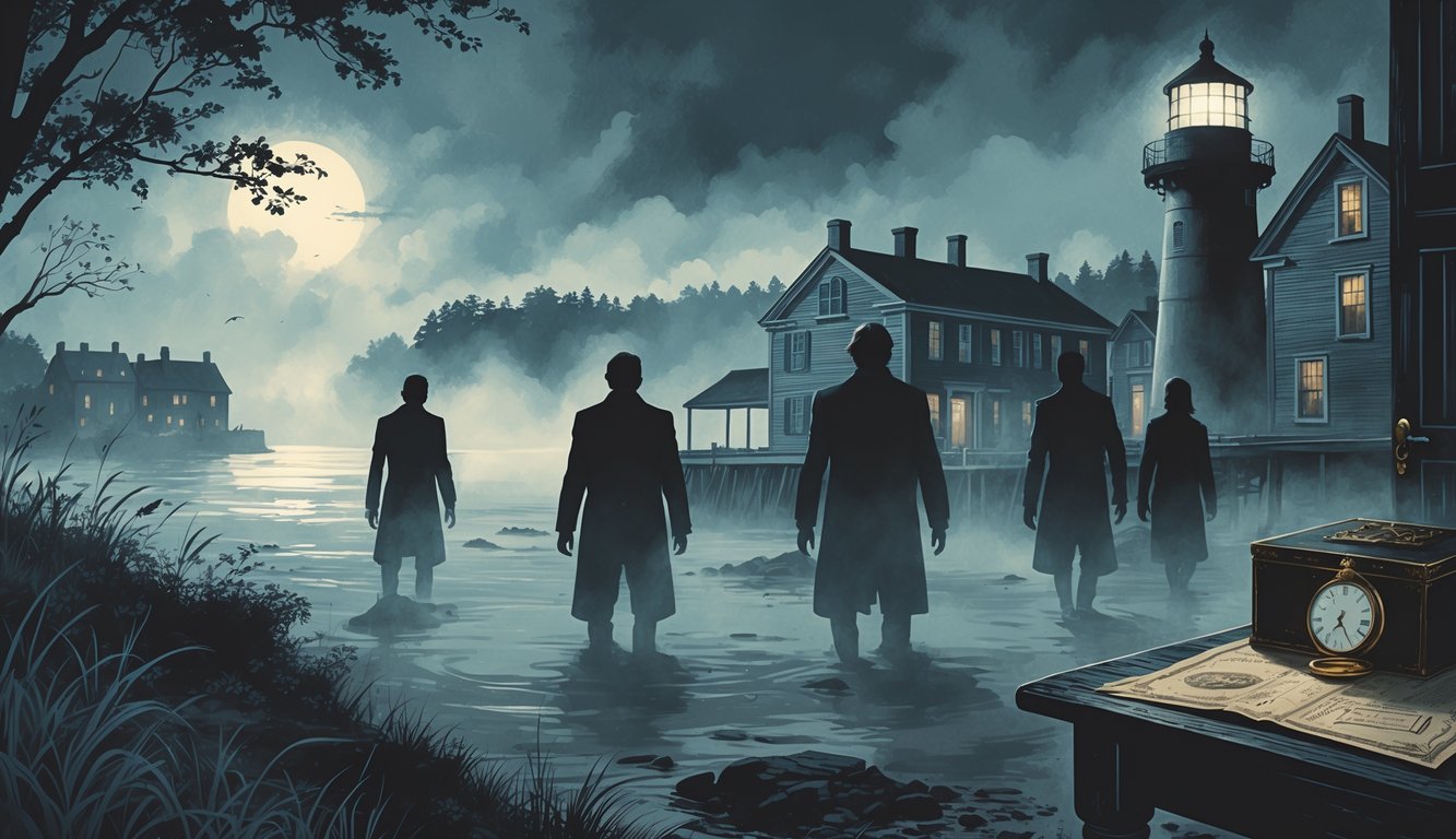 A foggy coastal town with colonial buildings and a lighthouse, showing shadowy figures fading away and historical objects on a wooden table.
