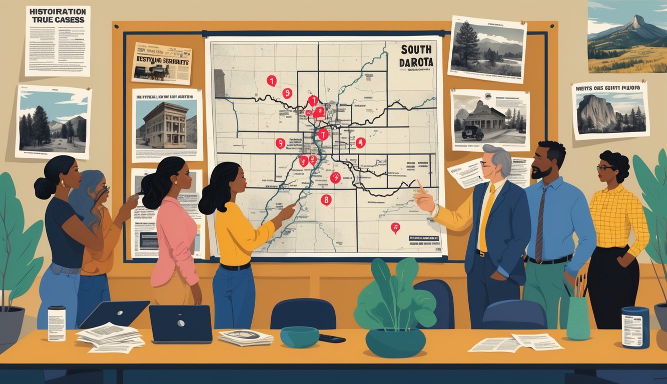 A group of people gathered around a bulletin board with a map of South Dakota and old photos, discussing historical mysteries and true crime cases.