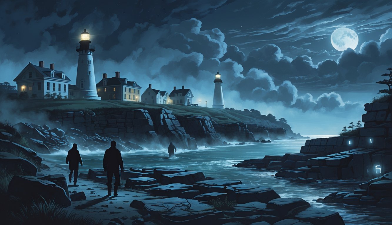 A coastal scene at dusk with fog over lighthouses and colonial buildings, shadowy figures exploring ancient ruins and caves along the rocky shore.