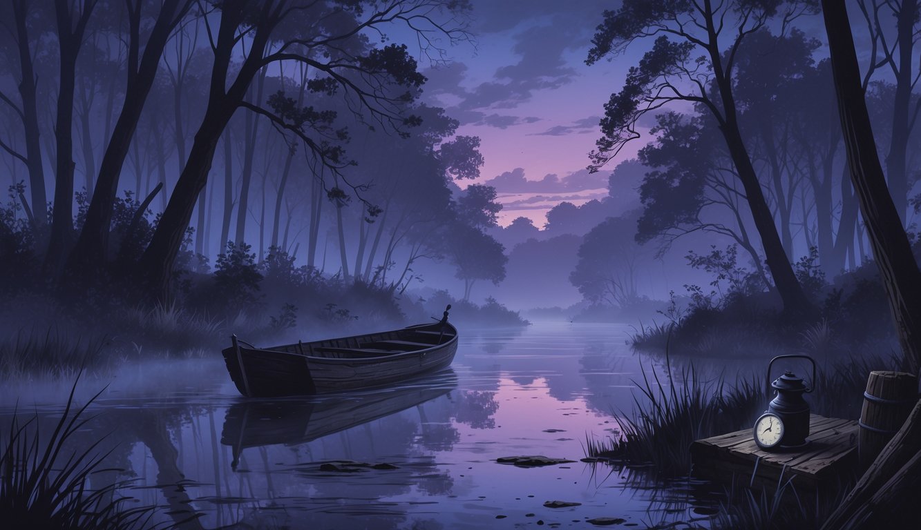 A foggy river at twilight with old trees, a partially submerged wooden boat, and mysterious artifacts along the bank, creating an eerie and suspenseful atmosphere.