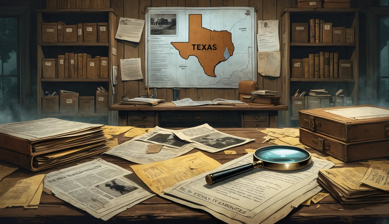 A dimly lit room with a wooden table covered in old case files, photographs, a Texas Ranger badge, and a map of Texas with pins marking cold case locations.