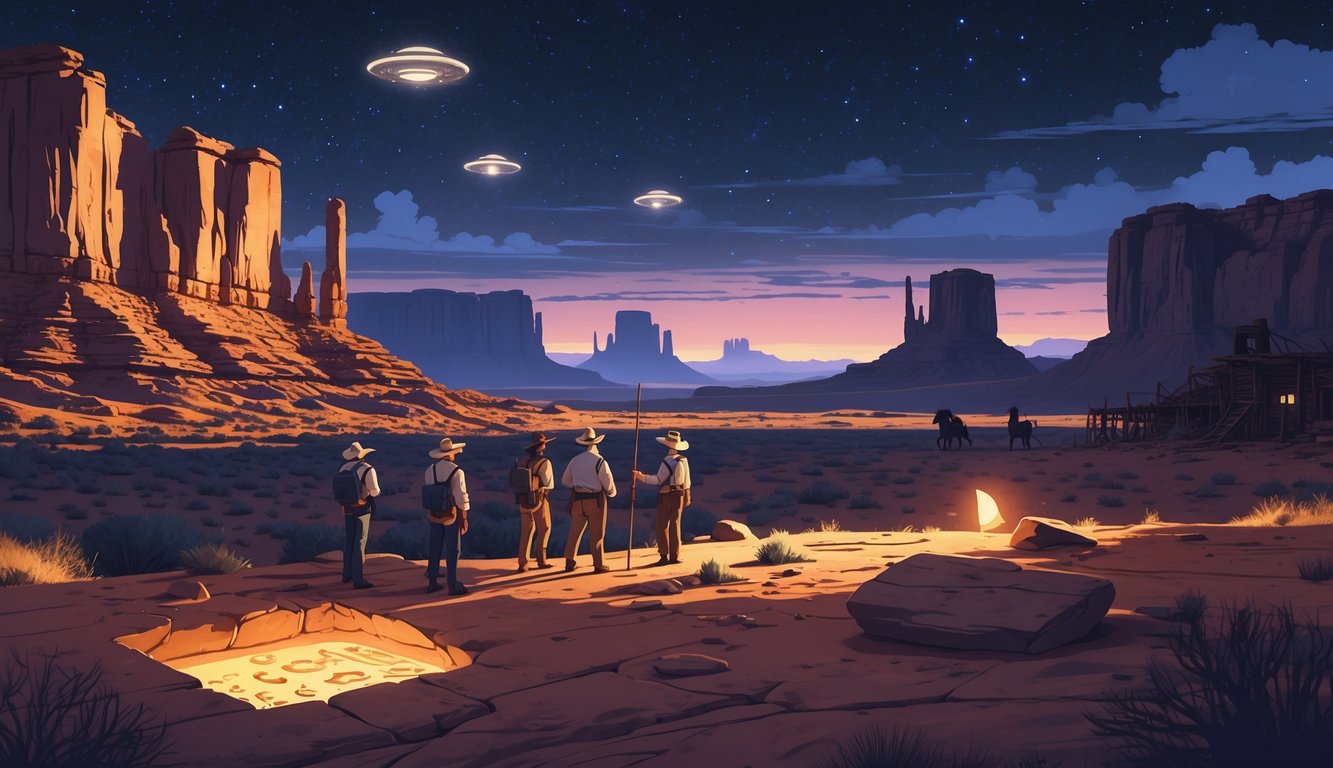 A desert landscape in Utah with red rock formations, explorers studying ancient petroglyphs, an ancient glowing artifact, ghost town ruins, and faint UFO shapes in the sky.