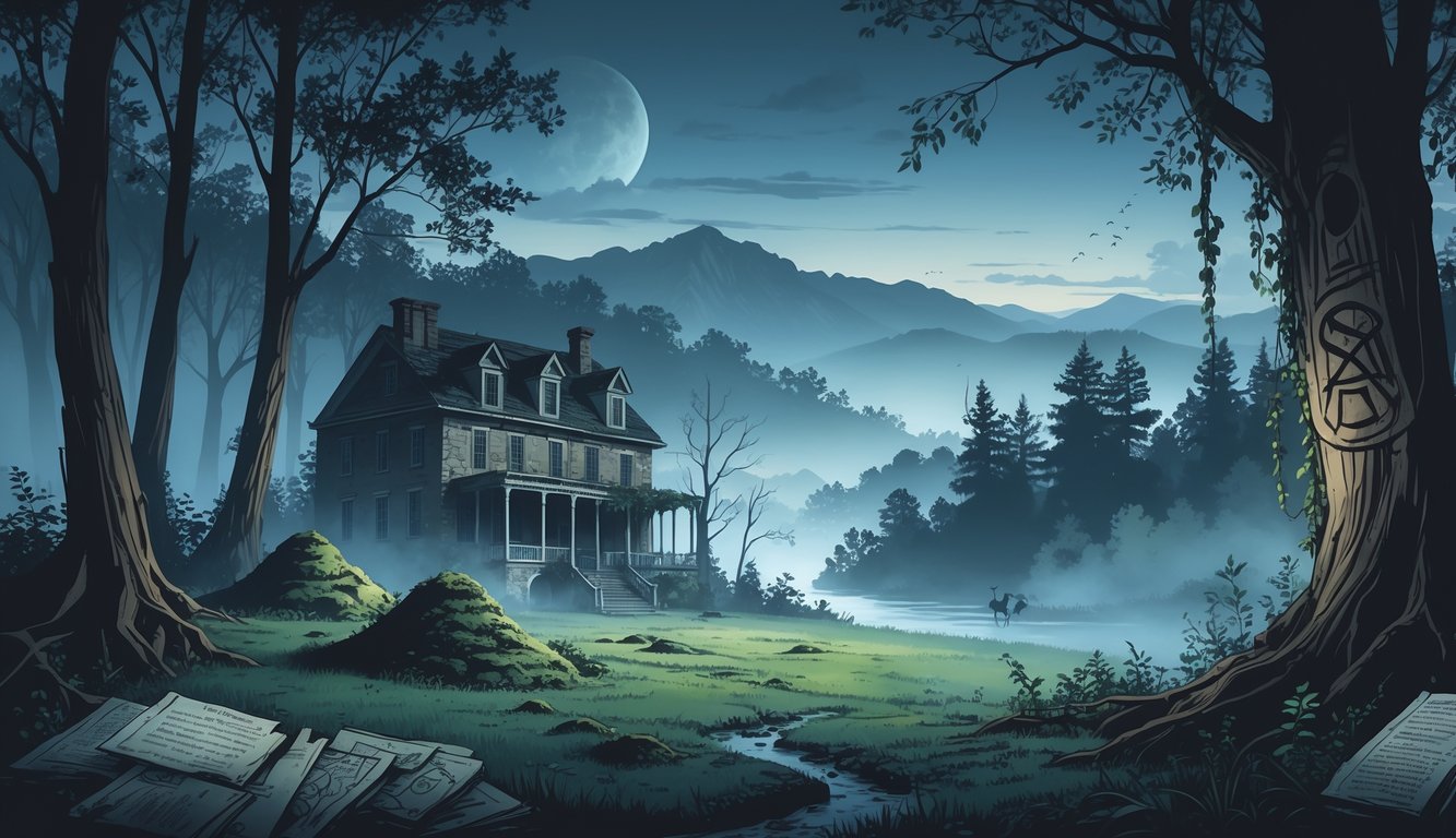 A foggy forest with ancient burial mounds, an abandoned mansion, the Great Smoky Mountains at twilight, and ghostly figures above a river, representing Tennessee's historical mysteries.