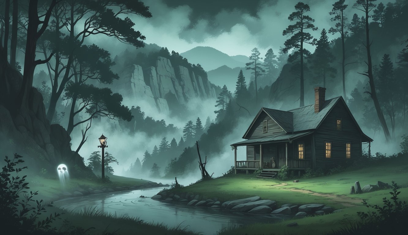 A misty mountain landscape with dense trees, an old cabin, and shadowy figures suggesting mysterious historical events.
