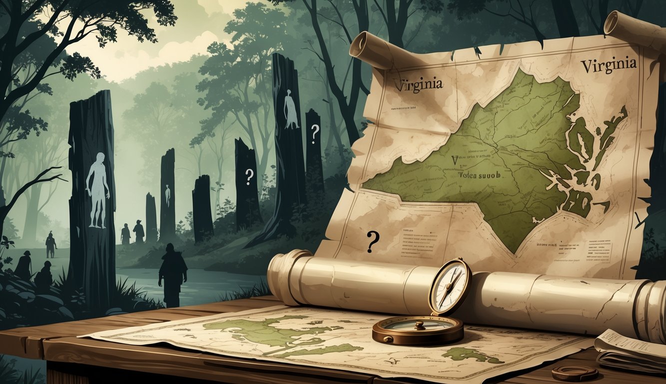 A detailed scene showing ruins, an old map, dense forest, and antique artifacts representing Virginia's biggest historical mysteries.
