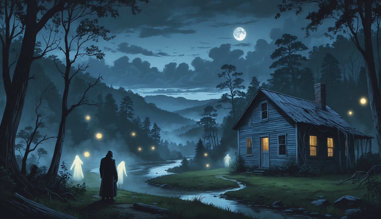 A shadowy figure near an old cabin in a misty forest with glowing orbs and ghostly shapes among trees under a cloudy night sky with a full moon.