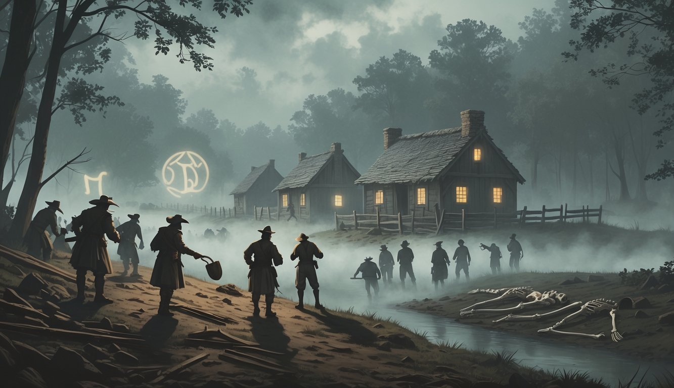 A foggy early colonial village with wooden cabins near a river, settlers searching and mysterious artifacts partially buried in the ground.