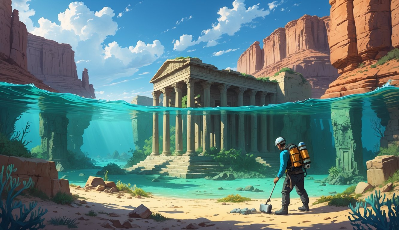 An underwater ancient city with stone temples and columns near Utah's rocky desert cliffs, with an archaeologist exploring artifacts on the ocean floor.