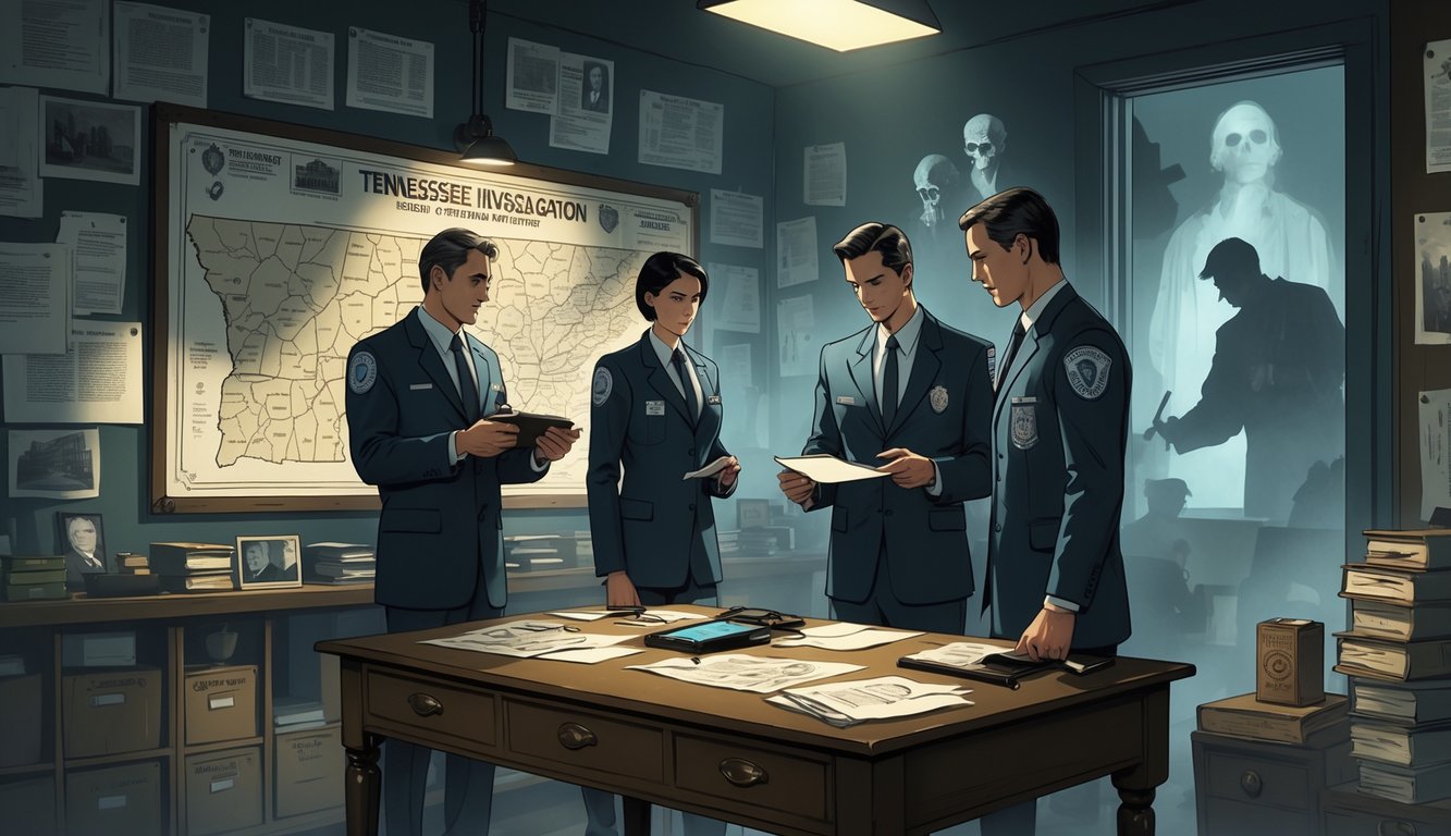 Investigators in a room examining evidence and maps related to Tennessee's historical mysteries.