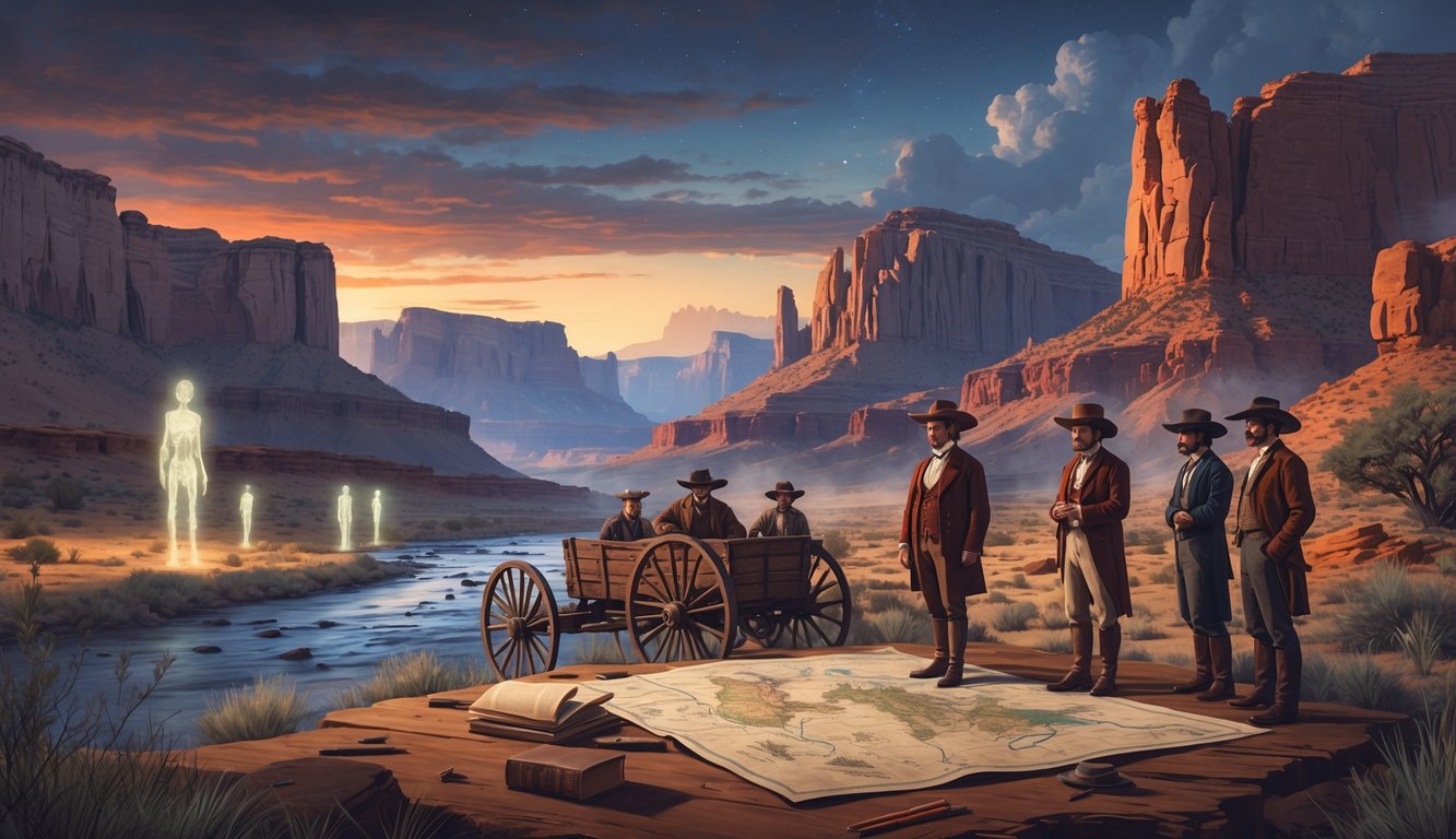 A group of pioneers including Brigham Young examining a map near a wagon in a Utah landscape with mountains, red rock formations, and mysterious glowing light in the distance.