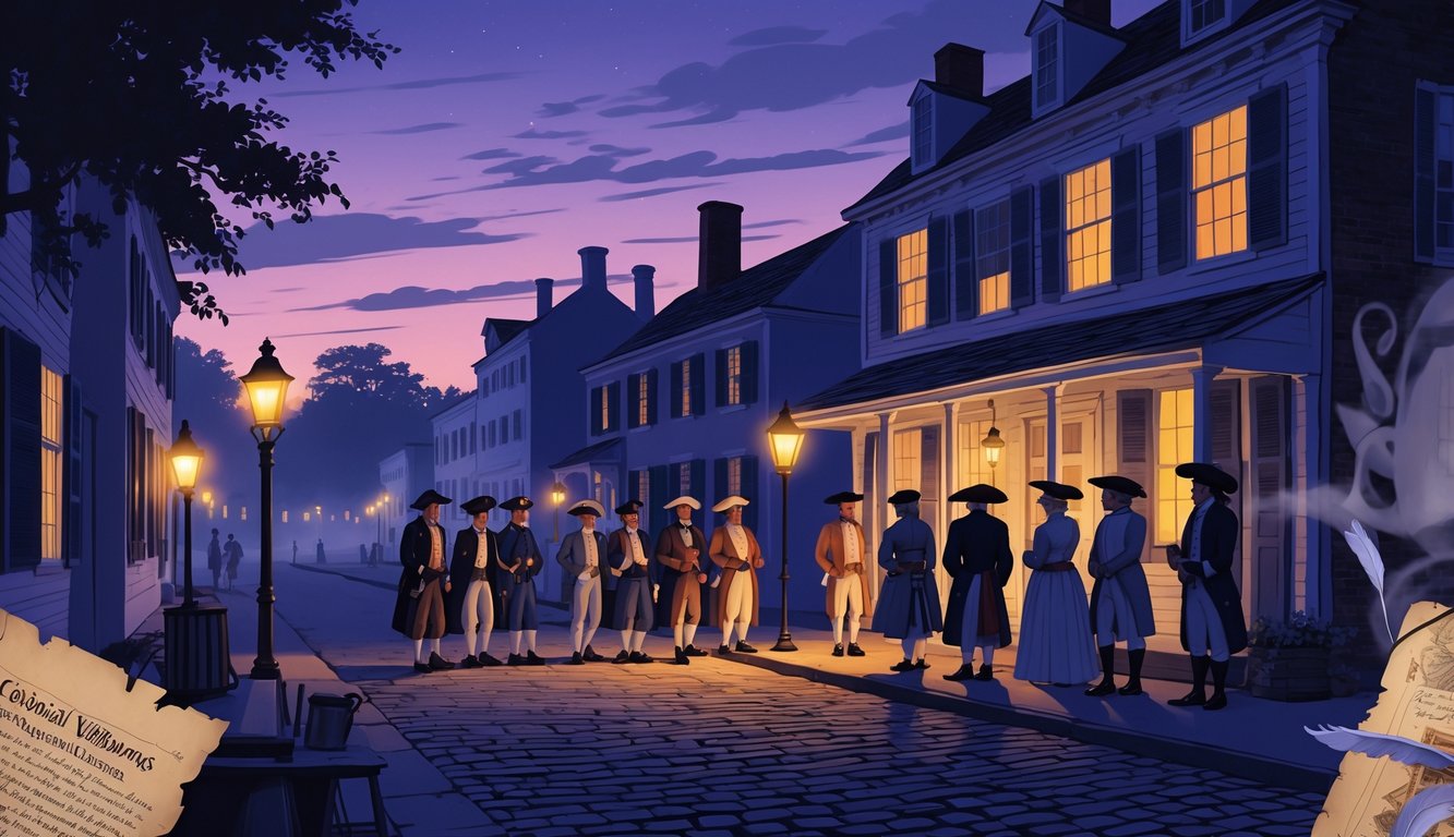 A colonial-era street in Williamsburg at dusk with period buildings, people in 18th-century clothing talking secretly, and faint ghostly shapes in the background.