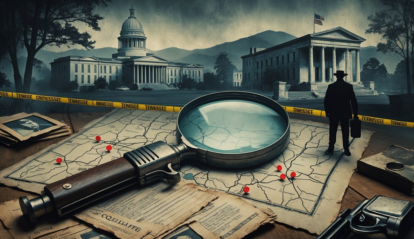 A moody illustration showing Tennessee landmarks, a faded map with red pins, vintage crime scene tape, old documents, and shadowy figures representing detectives and suspects.